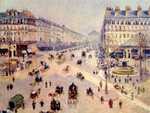 'lace du Théâtre-Francais and the Avenue de l'Opéra, Sunlight, Winter Morning' by Camille Pissarro (1898). A busy modern Paris at the time.