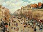 'Le Boulevard de Montmartre, Matinée de Printemps' by Camille Pissarroo (1897).  Pissarro continued to paint rural themes but they also readily showed enthusiasm for modernity.