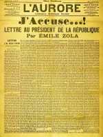 Front page cover of the newspaper L'Aurore for Thursday 13 January 1898, with the open letter J'Accuse…!, written by Émile Zola about the Dreyfus affair. The headline reads 'I Accuse...! Letter to the President of the Republic'—Paris Museum of Jewish Art and History